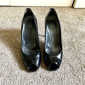 Stuart Weitzman black patent leather peep toe high heels